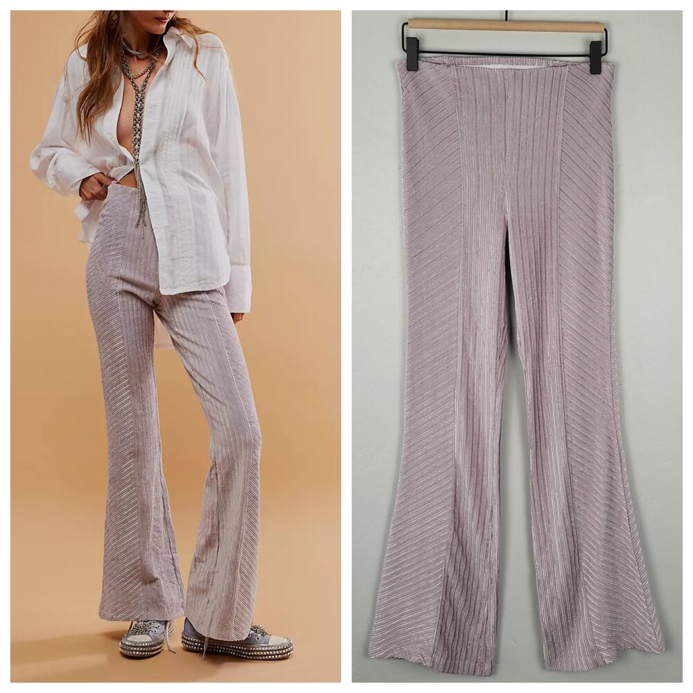 Free People Slim Pull On Velvet Flare Pants Ribbed Lavander Purple Size S